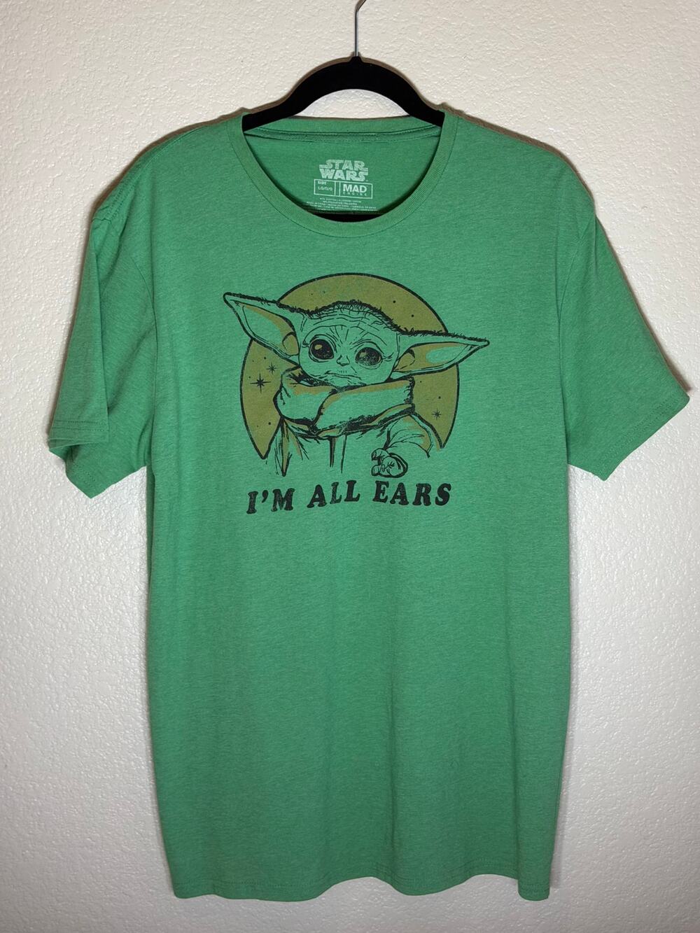Star Wars Grogu Yoda I'm All Ears Green T-Shirt Large